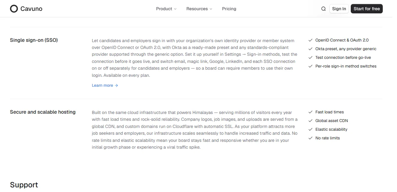 Cavuno features page, Single sign-on (SSO) section: sign in with your organization's own identity provider or member system over OpenID Connect or OAuth 2.0, Okta preset, any provider generic, test connection before go-live, available on every plan