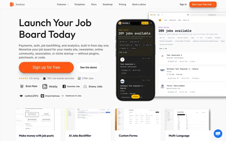 A Kardow job board with job listings, filters and a post a job button