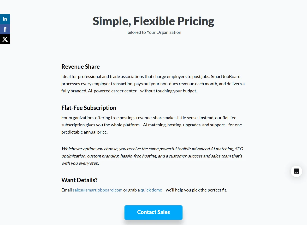 SmartJobBoard pricing page describing a revenue share model and a flat-fee subscription, with no prices, and a Contact Sales button