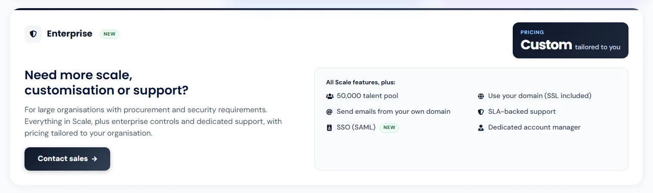 Spacewalk Enterprise plan card, priced custom, listing a 50,000 talent pool, use your domain with SSL included, send emails from your own domain, SLA-backed support, SSO (SAML) and a dedicated account manager